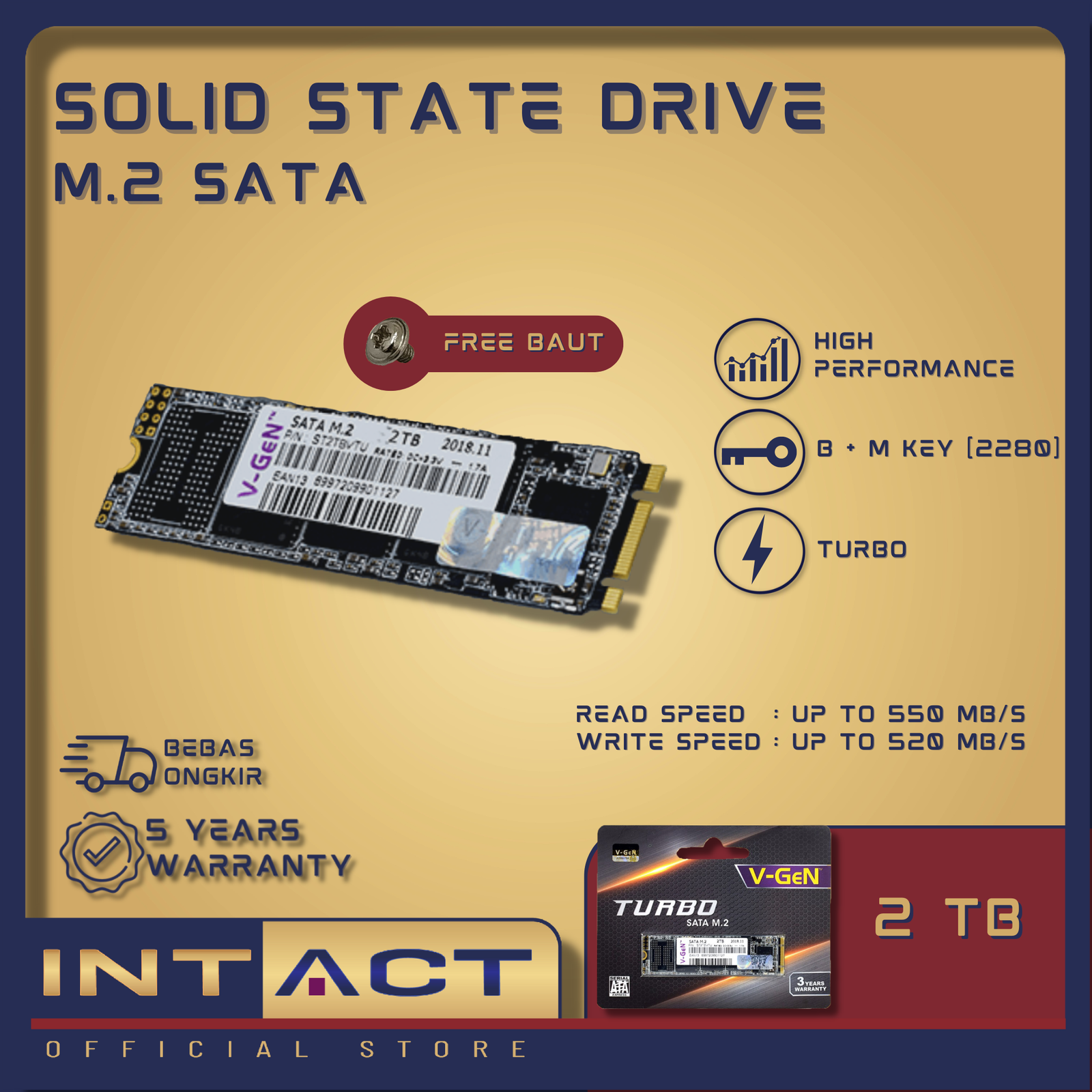 SSD V-GeN Turbo M.2 SATA 128GB 256GB 512GB 1TB 2TB Size 2280