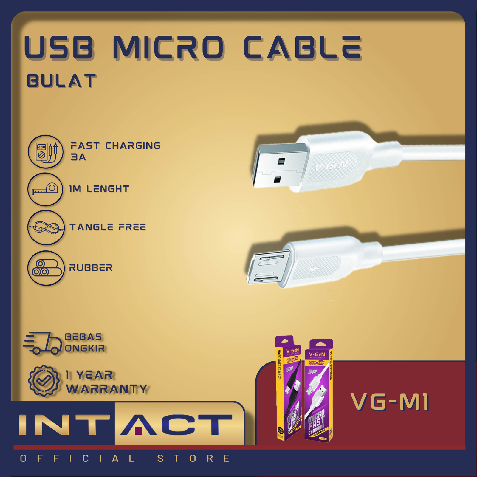 Kabel Data Micro USB V-GeN VG-M1 Fast Charging QC3.0 3A 1 Meter