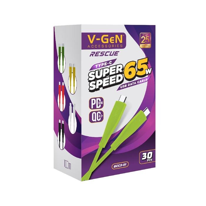 Kabel Data Type C to Type C V-GeN Rescue BCC3-01 Super Fast Charging PD 65W QC4.0 1 Box Isi 30 Pcs