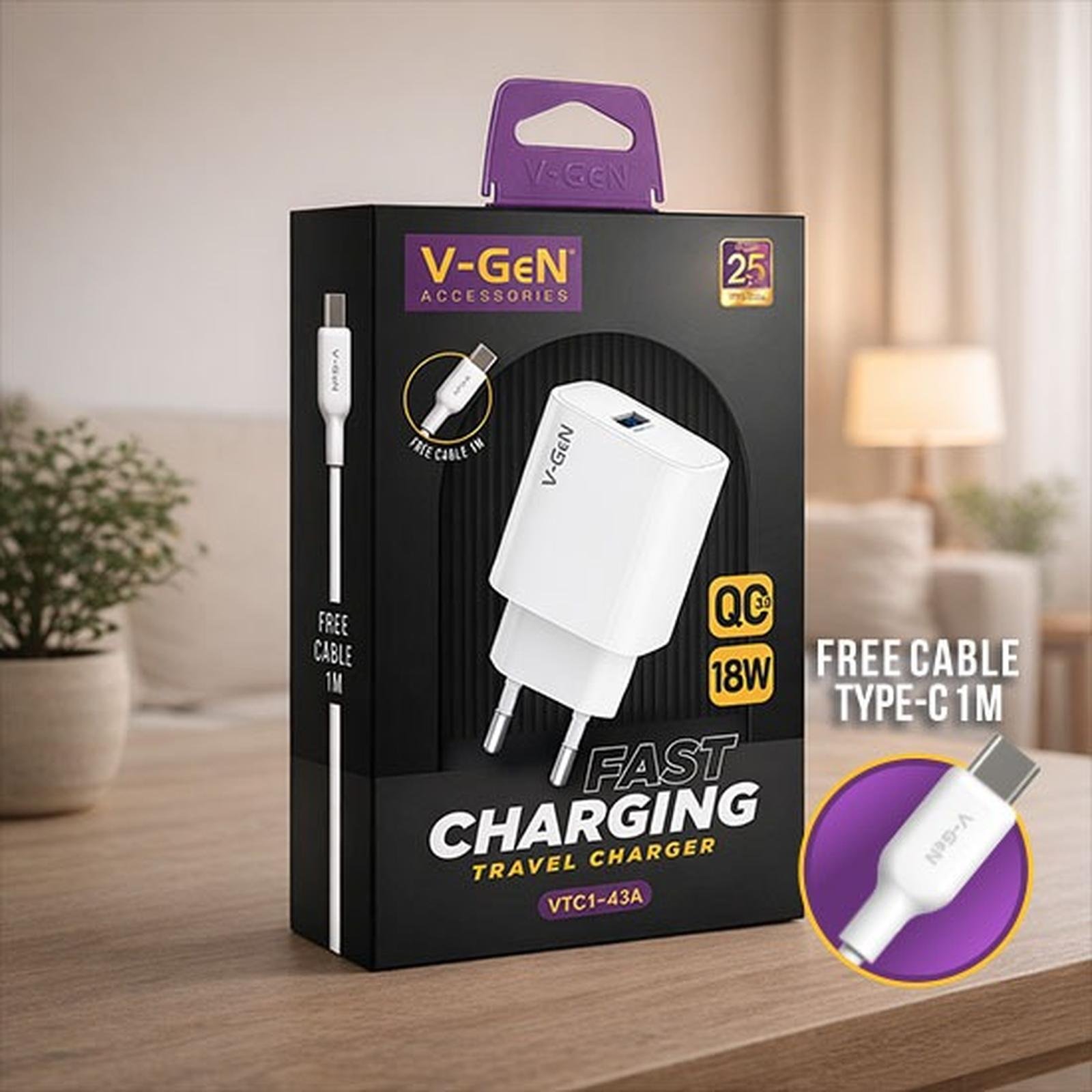 Adaptor Travel Charger V-GeN VTC1-43A Fast Charging QC3.0 18W FREE USB A to Type C Cable