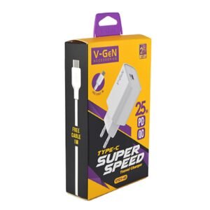 Adaptor Travel Charger V-GeN VTC1-45 Type C Super Fast Charging QC4+ PD 25W FREE Cable Type C
