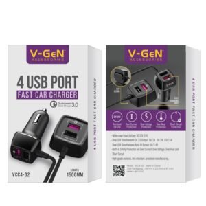 Car Charger V-GeN VCC4-02 4 Port USB Fast Charging QC3.0 18W FREE Cable MicroUSB