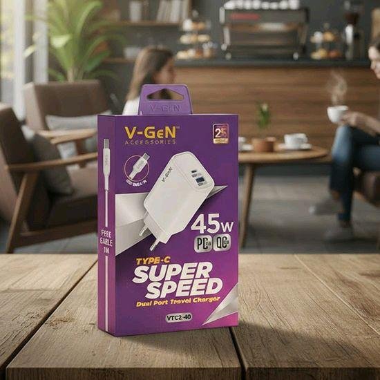 Adaptor Travel Charger V-GeN VTC2-40 45W VTC2-42 65W Dual Port USB A Type C Super Fast Charging VOOC QC3.0 PD FREE Cable C to C - Image 2