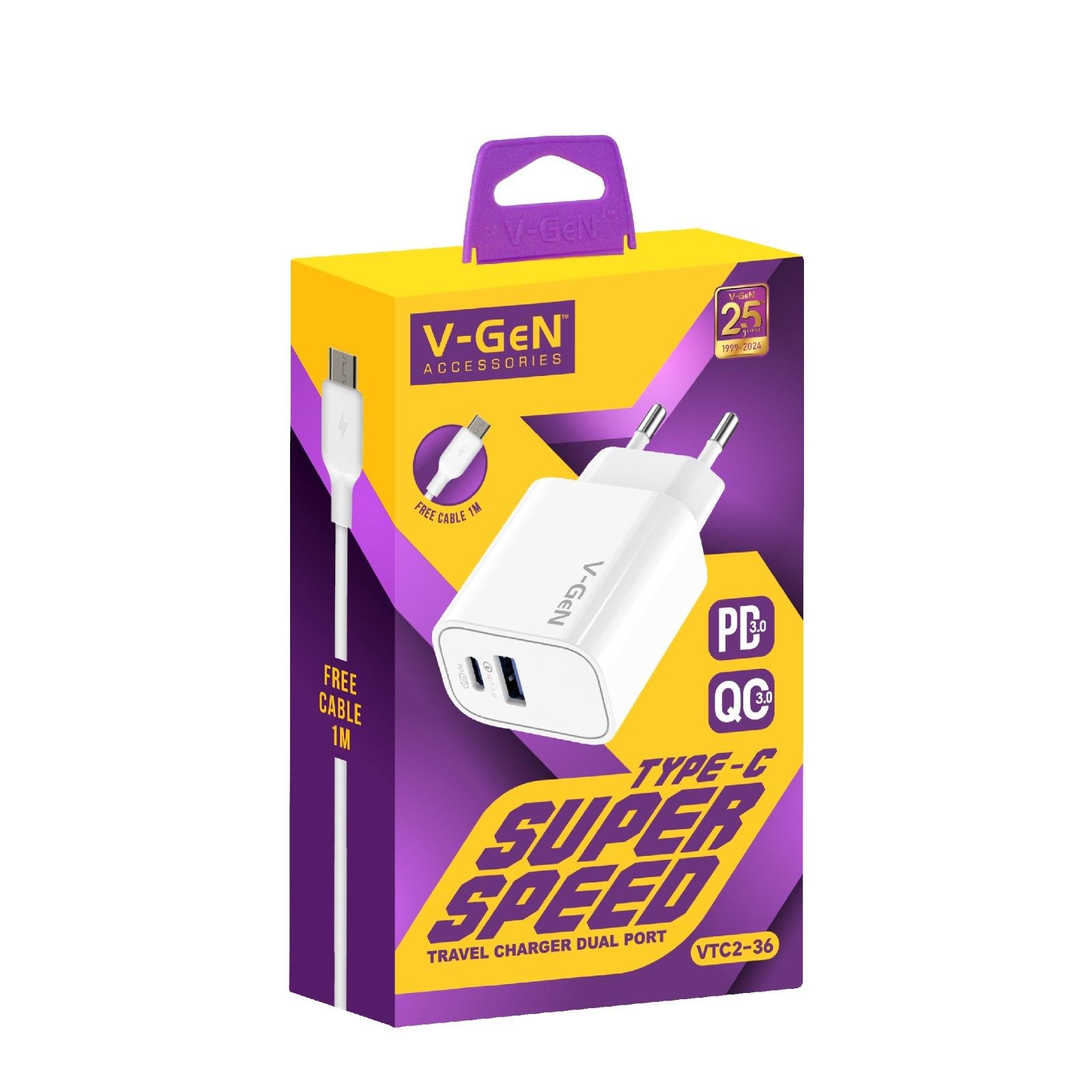 Adaptor Travel Charger V-GeN VTC2-36 20W VTC2-37 30W Super Fast Charging PD Type C USB A FREE Cable C to C - Image 2
